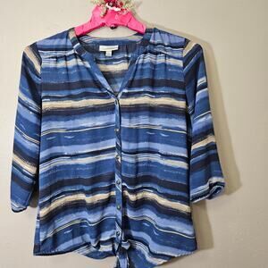 Dressbarn Womens S Blue Watercolor Tie Front Blouse CoastalChic Boho Resort